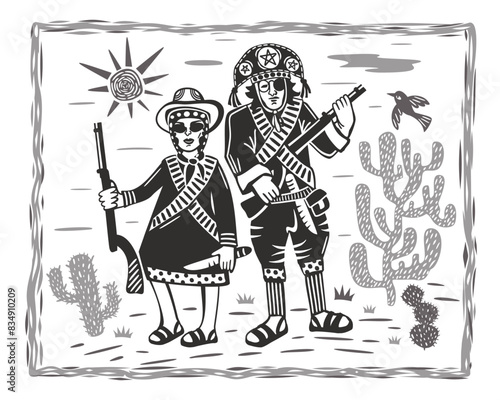 Lampiao and Maria Bonita. Bandits, folk heroes of Brazil. Brazilian cordel style. Northeast woodcut style