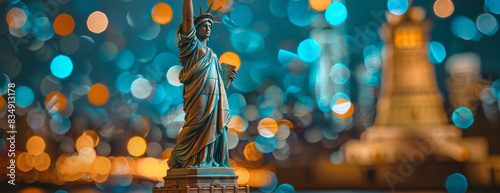Statue of Liberty with a colorful boke background, symbolizing freedom and iconic American landmark in vibrant lights.