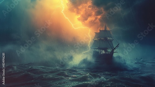 Sailing ship in sea water in rain thunderstorm.