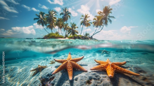 Small island with palm tree above and sea star fish beneath underwater in sea.