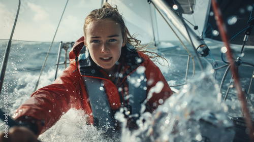 A female ship captain is navigating a sailing boat in sea.