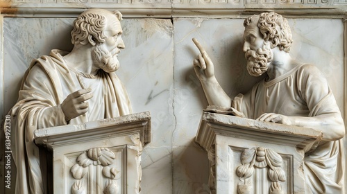 Classical marble sculpture of two ancient philosophers in debate, highlighting classical art and intellectual discourse.