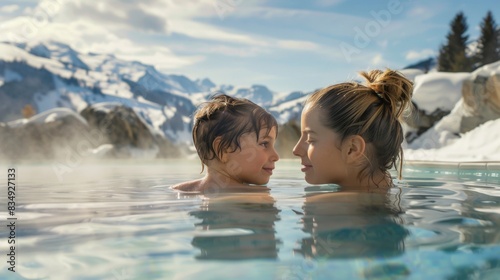 Mother and child relax in hot spring spa with snow mountain in winter.
