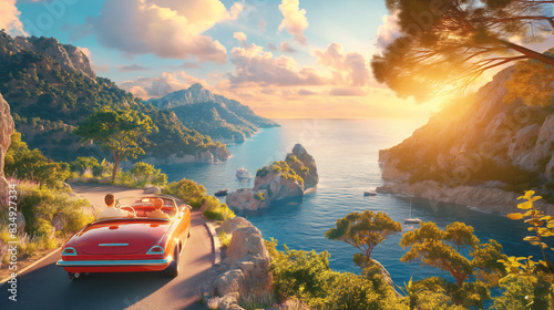 A scenic coastal road with a vintage red convertible, sunset light, lush greenery, and cliffs overlooking the sea. Generative AI