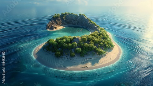 A huge circular island in the middle of the ocean, located in the middle of the sea, with a huge lagoon surrounded by white sandy beaches and tropical plants. nobody. Aerial high view. Generative AI.
