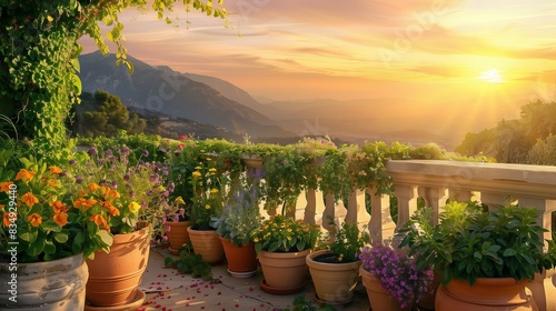 A serene balcony garden with herbs and flowers overlooks distant mountains at sunset, creating peace.