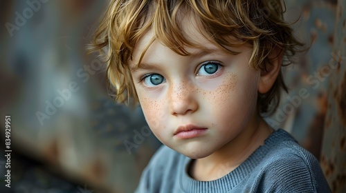 Portrait of a boy with freckles and blue eyes