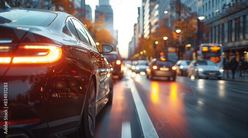 A traffic of a big city on daylight, street view, close up car. Generative AI.