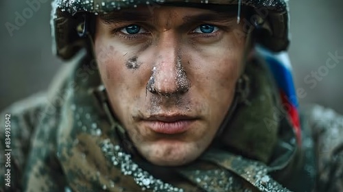 Portrait of a soldier with blue eyes and a camouflage uniform