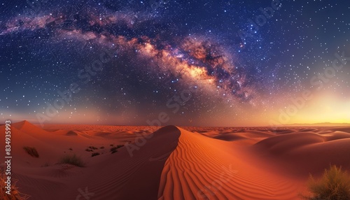 Over the white desert, rolling sand dunes lay ahead. A caravan of camels led the camels on the giant sand dunes under the stars. The Milky Way glittered above them. This scene creates a spectacular at