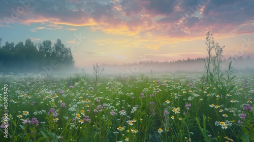 At dawn, a meadow of rare medicinal flowers unfolds, with a pastel sky and gentle morning fog.
