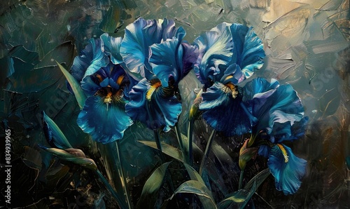 Irises in oil painting style with brush texture