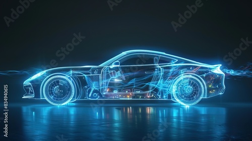 Car in blue x-ray on dark background. 3D rendering