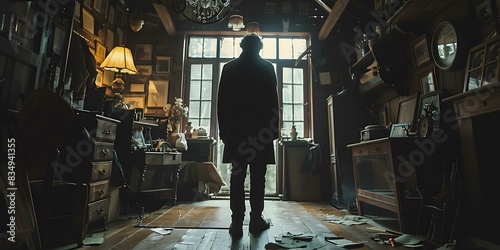 Sherlock Holmes standing in a room full of clutter