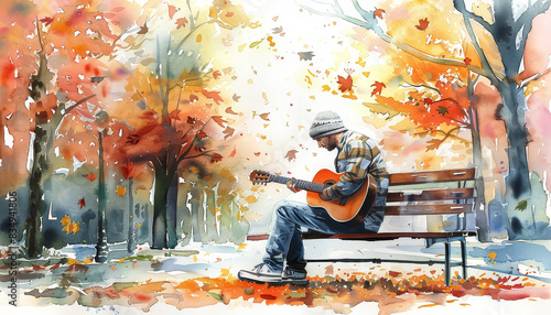 A man is sitting on a bench in a park, playing a guitar