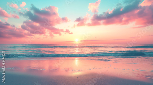 Sunset over ocean waves. Vibrant sunset over the ocean with gentle waves and clouds reflecting pastel colors on the water and shore