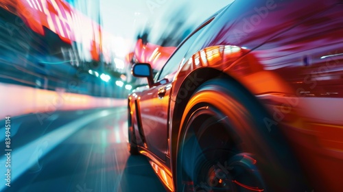 High-speed red sports car driving through city streets at night, showcasing motion blur and dynamic urban environment.