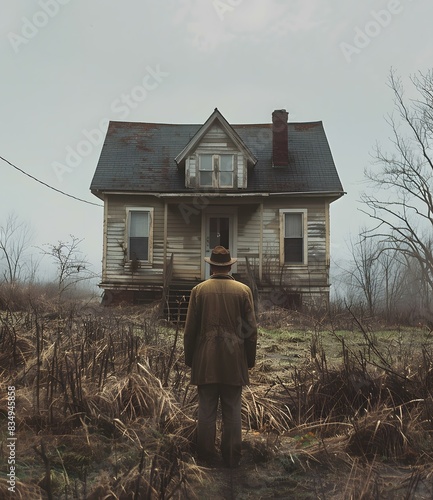 man standing in front of abandoned house