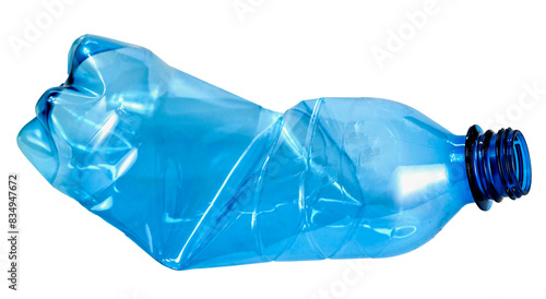 close up used blue transparent PET plastic water bottle on white background, sustainable environment concept. 