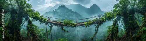 A bridge made of vines and leaves spans a forest