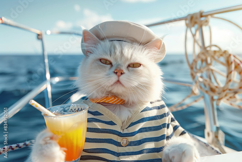 Adorable gato blanco mirando a cámara vestido con camiseta y gorro marinero, tomando un coctel de naranja en la proa de un barco durante un crucero en el mar mediterraneo. Concepto vacaciones y viajes