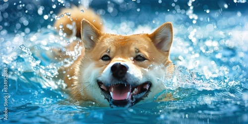 Adorable fluffy shiba inu doge swimming in the pool