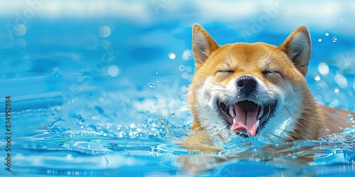 Adorable fluffy shiba inu doge swimming in the pool