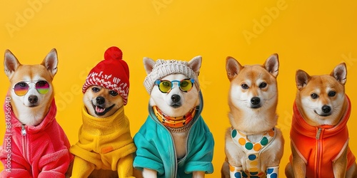 Group of Shiba Inu doge in funky Wacky wild mismatch colourful outfits