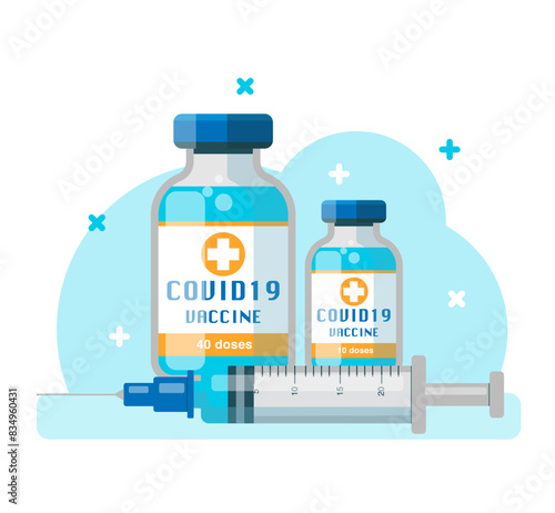 Coronavirus vaccine. Syringe and vaccine vial flat icons.