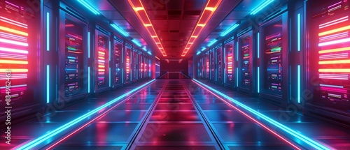 Advanced technology in a high-tech data center, illuminated server racks, vibrant colors, futuristic design