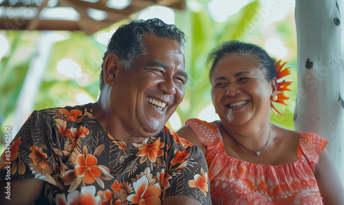 Happy Samoan senior couple laughing together in a bright room, family at new home, generated ai