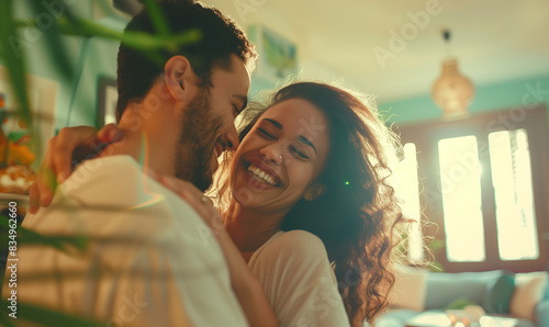 Happy couple laughing together in a bright room, family at new home, generated ai