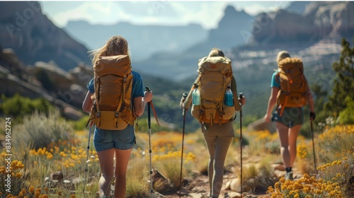 Friends hiking along a trail in a national park, backpacks filled with snacks and water bottles. Generative AI.