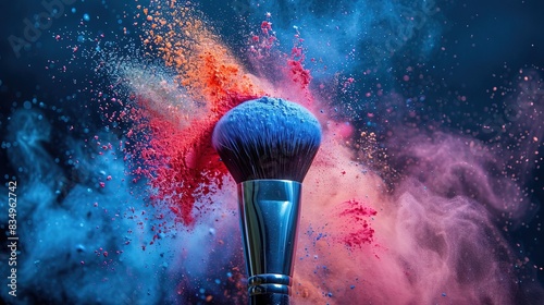 colorful powder dust splashes, artistic high fashion photography, makeup brush with powder explosion