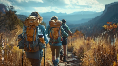 Friends hiking along a trail in a national park, backpacks filled with snacks and water bottles. Generative AI.