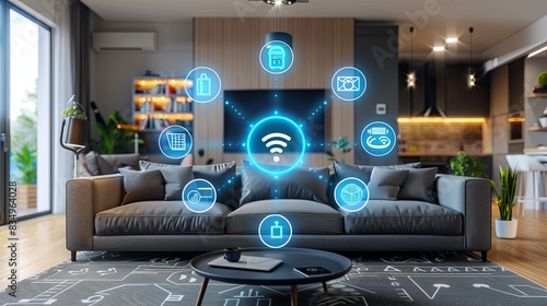 Modern Smart Home Technology Connecting Caucasian Family in Living Room. AI-Powered Smart Home System Integrating Family Lifestyle with Innovative Devices and Seamless Connectivity