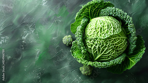 Fresh green savoy cabbage and space for text on color