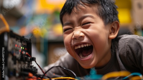 Close-up of a childâ€™s joyful reaction as they successfully complete a circuit with a remote-controlled electronics kit --ar 16:9 Job ID: 42a8a90c-5100-434d-a9cb-05ad9431e67b