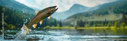 A beautiful rainbow trout jumping out of the water in a river.