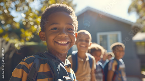 A happy African American boy wearing a backpack is standing in line with other children and smiling at the camera while waiting to go back into school, surrounded by his friends on a sunny day