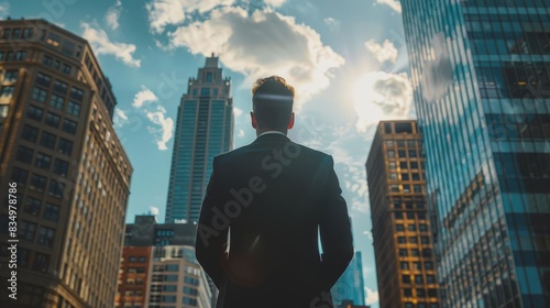 A real estate appraiser evaluating a commercial property in a bustling downtown area focus on commercial real estate, business theme, dynamic, overlay, cityscape backdrop