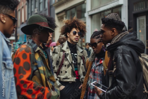A vibrant group of friends flaunting their unique street styles on the sidewalk, celebrating the diversity of fashion.