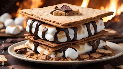 A creatively crafted gourmet s'mores dessert featuring melted chocolate, toasted marshmallows, and graham crackers