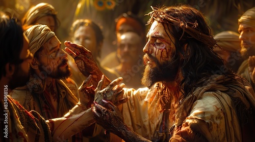 An illustration of Jesus Christ healing a blind man.