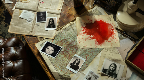 Desk with photographs of female victims with the faces of girls, papers, city maps and blood stained newspaper clippings, on an old desk seen from above. Vintage criminology and true crime background