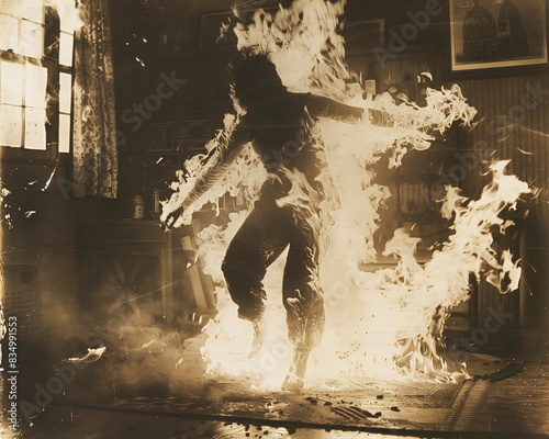 Silhouette of a person engulfed in flames, burned, surrounded by fire, inside a house with burning windows. Old photograph of a paranormal phenomenon of spontaneous combustion.