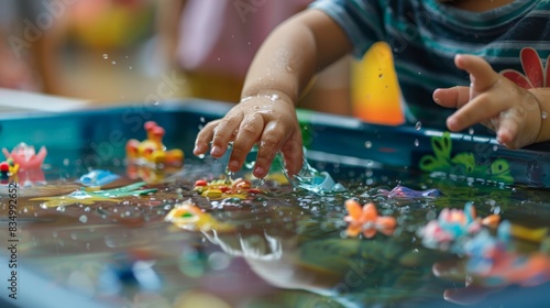 The toddler is playing with water and toys in a sensory bin.