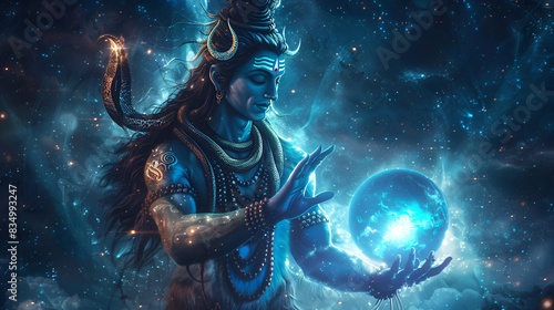 Cinematic illusion of Lord Shiva's in space universe, holding a glowing blue sphere planet as Sirius, galaxy, aura surround, floating objects, magnetic field, quantum, spectral light body, interwoven