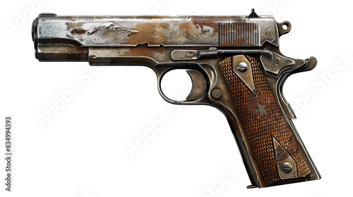 Weathered and rusty vintage M1911 pistol with visible signs of aging and wear possibly an antique 2D Game Art isolated on transparent background