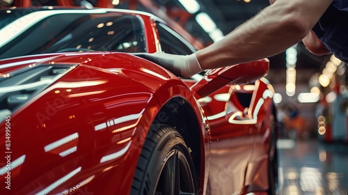 closeup of auto body mechanic carefully buffing scratch on red sports car professional vehicle repair service
